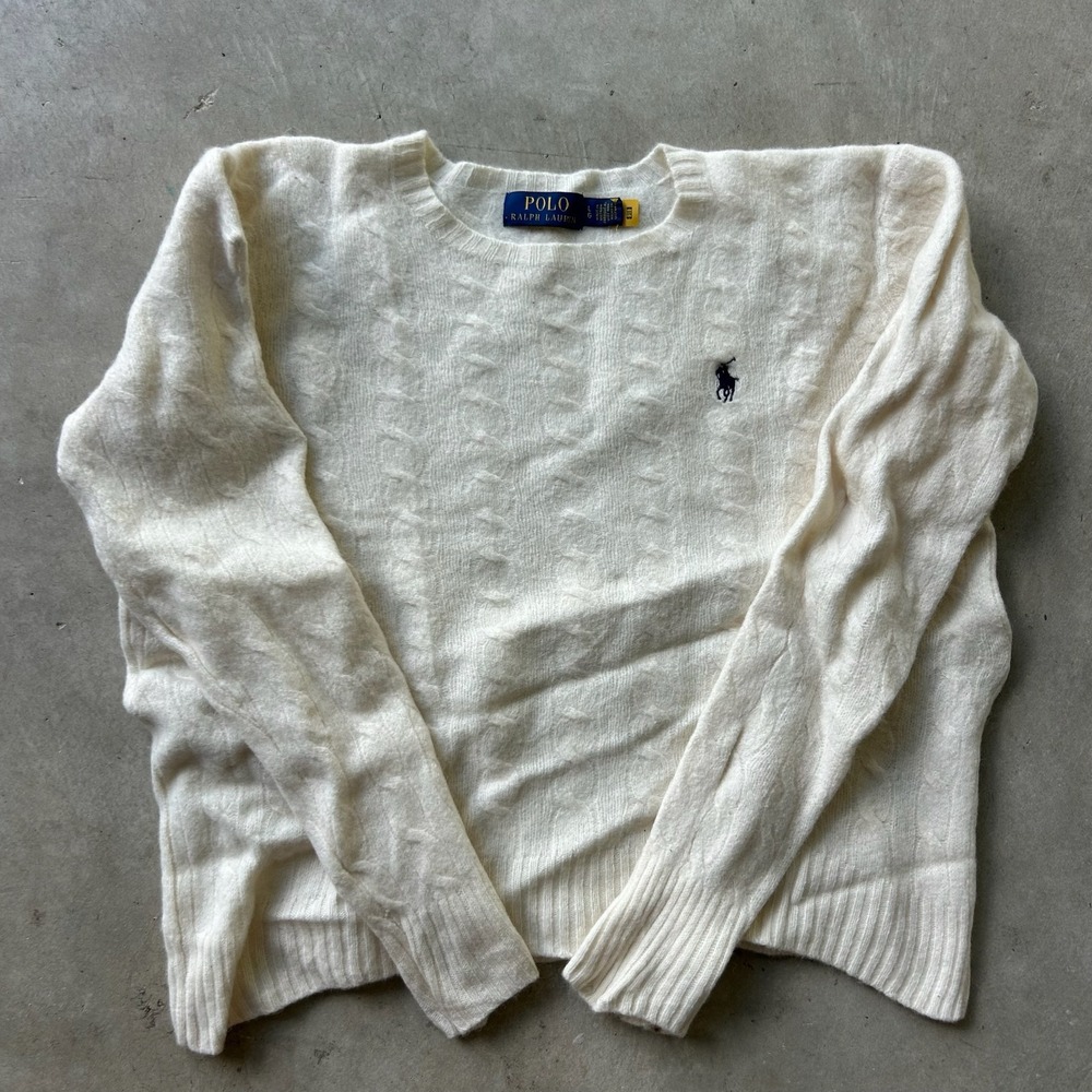 Polo Ralph Lauren Cream Cable Knit Sweater Crew Neck Navy Pony Logo Large